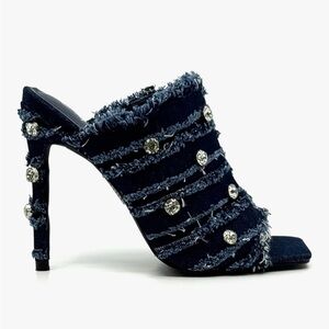 •CAPE ROBBIN• “Revolt” Fringe Gem Square Peep Toe Heels - Blue // NIB